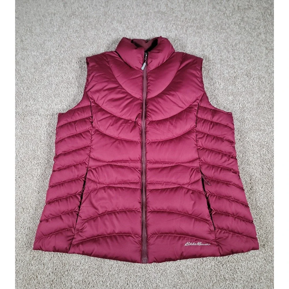 Eddie Bauer EB 650 Vest Womens XL Burgundy Down Filled Puffer Full Zip Pockets